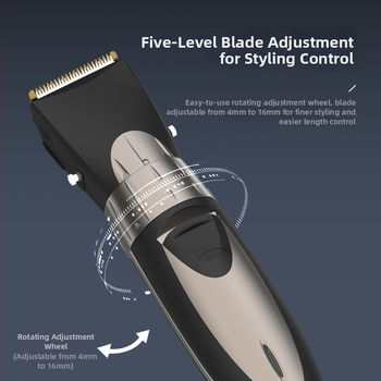 Elektrinis plaukų kirpimo aparatas su šepetėlių varikliu, nerūdijančio plieno peiliai, įmontuota 500–800 mAh baterija, veikimo laikas 1–3 valandos