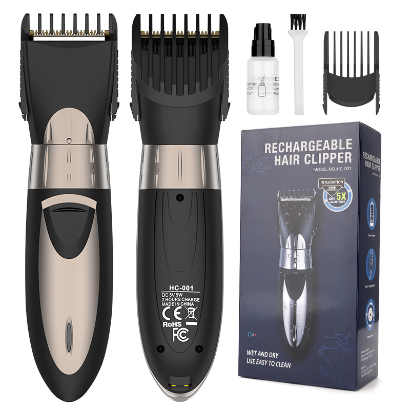 Elektrinis plaukų kirpimo aparatas su šepetėlių varikliu, nerūdijančio plieno peiliai, įmontuota 500–800 mAh baterija, veikimo laikas 1–3 valandos