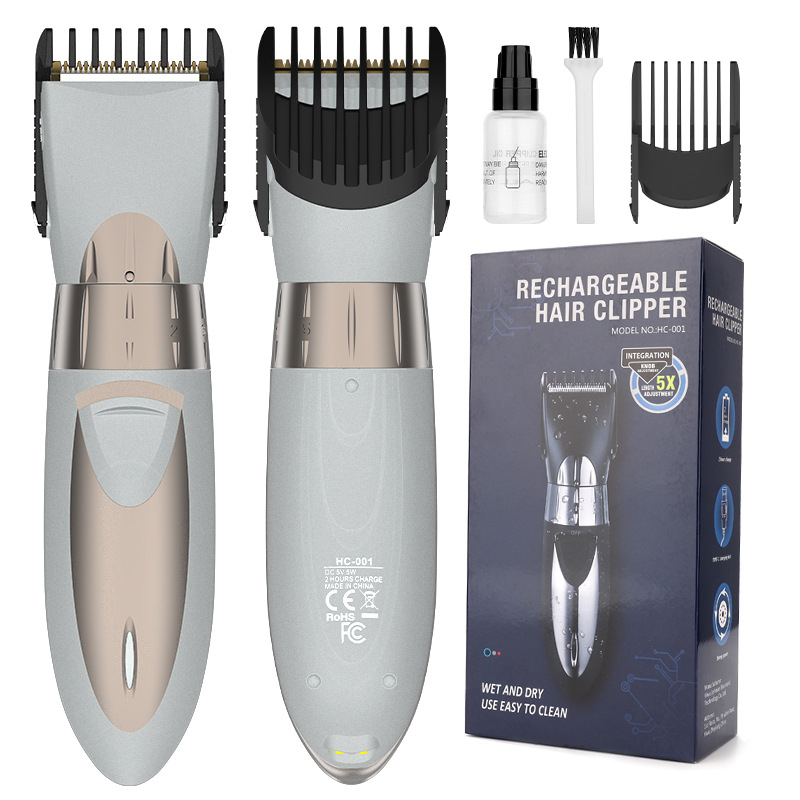 Elektrinis plaukų kirpimo aparatas su šepetėlių varikliu, nerūdijančio plieno peiliai, įmontuota 500–800 mAh baterija, veikimo laikas 1–3 valandos