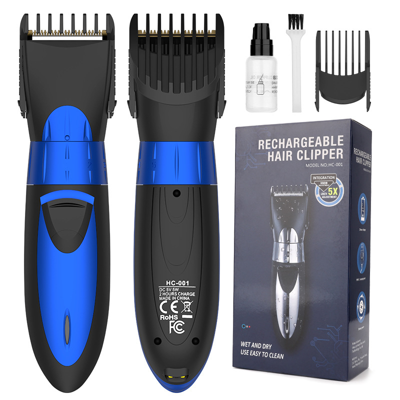 Elektrinis plaukų kirpimo aparatas su šepetėlių varikliu, nerūdijančio plieno peiliai, įmontuota 500–800 mAh baterija, veikimo laikas 1–3 valandos