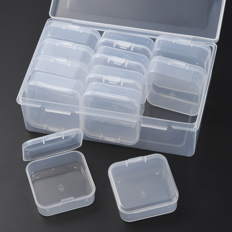 Cutie de depozitare pentru bijuterii — cutie din plastic transparent, mini, set de 13 piese pentru materiale și accesorii DIY pentru bijuterii