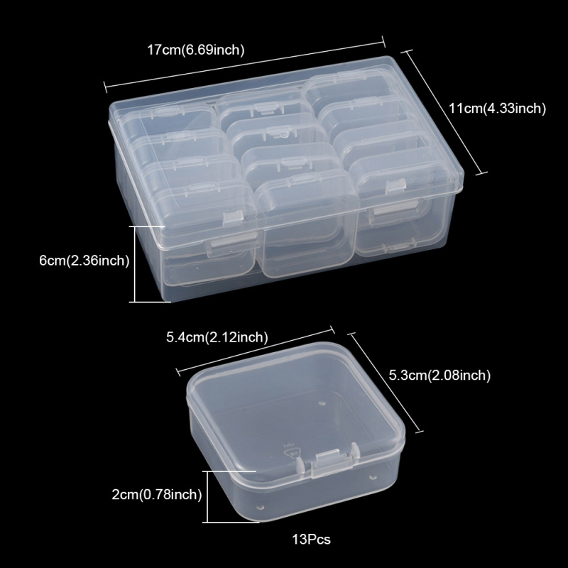 Cutie de depozitare pentru bijuterii — cutie din plastic transparent, mini, set de 13 piese pentru materiale și accesorii DIY pentru bijuterii
