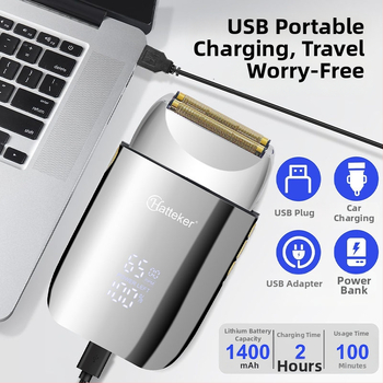 Elektrický holiaci strojček s reciprokou dvojitou hlavou, LED displejom, funkciou úplného umývania tela, vstavaná batéria 1200–2000 mAh, výdrž 60+ min