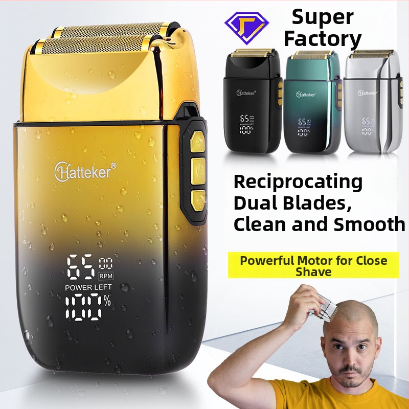 Elektrický holiaci strojček s reciprokou dvojitou hlavou, LED displejom, funkciou úplného umývania tela, vstavaná batéria 1200–2000 mAh, výdrž 60+ min