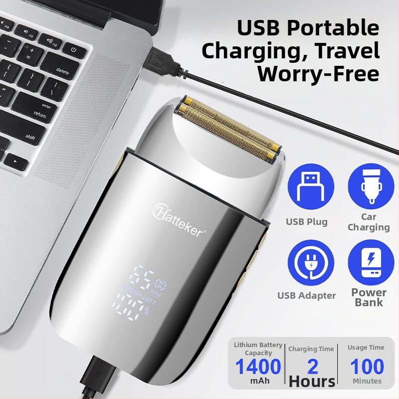 Elektrický holiaci strojček s reciprokou dvojitou hlavou, LED displejom, funkciou úplného umývania tela, vstavaná batéria 1200–2000 mAh, výdrž 60+ min