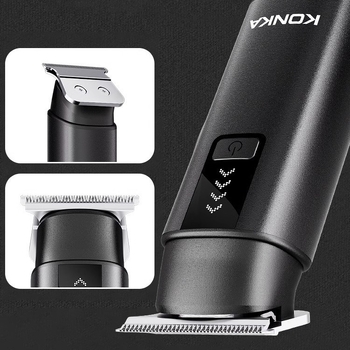 Konka kompakti nešiojamos plaukų kirpimo mašinėlė – įkraunama, be šepetėlių variklio, nerūdijančio plieno peiliai, nuimama ir plaunama galvutė, įmontuota baterija 300–500 mAh, veikimo laikas 1–3 valandos