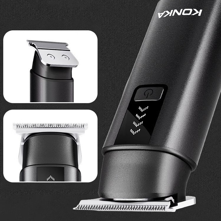 Konka kompakti nešiojamos plaukų kirpimo mašinėlė – įkraunama, be šepetėlių variklio, nerūdijančio plieno peiliai, nuimama ir plaunama galvutė, įmontuota baterija 300–500 mAh, veikimo laikas 1–3 valandos