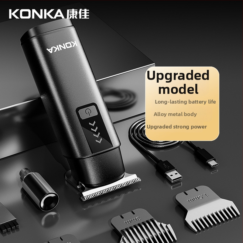 Konka kompakti nešiojamos plaukų kirpimo mašinėlė – įkraunama, be šepetėlių variklio, nerūdijančio plieno peiliai, nuimama ir plaunama galvutė, įmontuota baterija 300–500 mAh, veikimo laikas 1–3 valandos