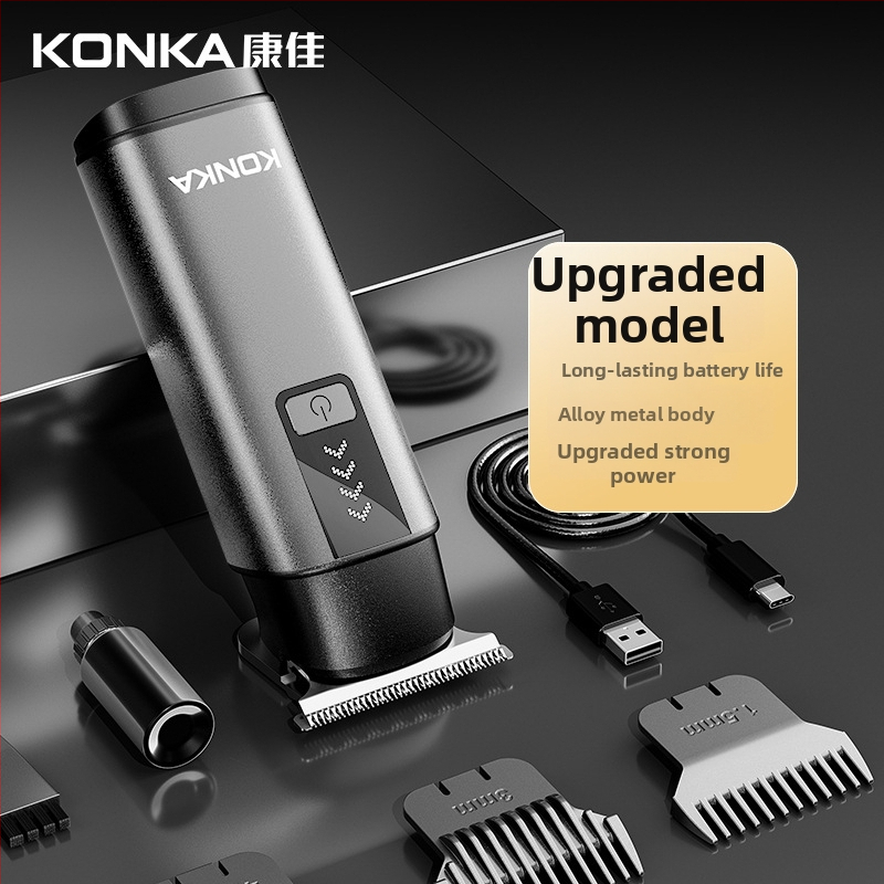 Konka kompakti nešiojamos plaukų kirpimo mašinėlė – įkraunama, be šepetėlių variklio, nerūdijančio plieno peiliai, nuimama ir plaunama galvutė, įmontuota baterija 300–500 mAh, veikimo laikas 1–3 valandos