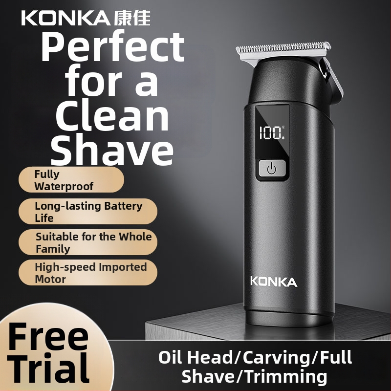 Konka kompakti nešiojamos plaukų kirpimo mašinėlė – įkraunama, be šepetėlių variklio, nerūdijančio plieno peiliai, nuimama ir plaunama galvutė, įmontuota baterija 300–500 mAh, veikimo laikas 1–3 valandos