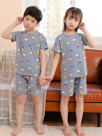 Gyerekeknek szóló 98%-os pamut rövid ujjú pizsamakészlet – uniszex, 3–8 éveseknek, nyár
