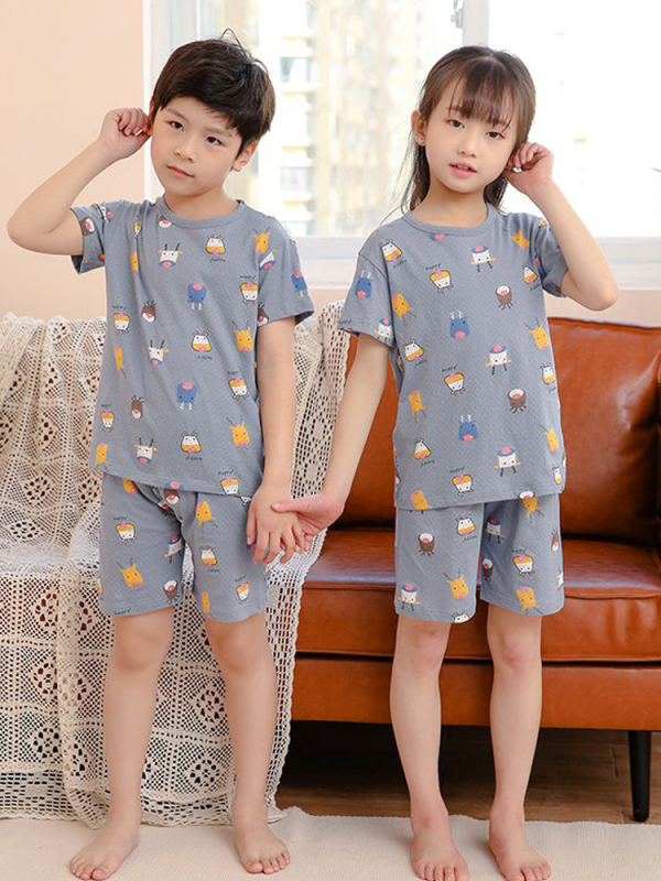 Gyerekeknek szóló 98%-os pamut rövid ujjú pizsamakészlet – uniszex, 3–8 éveseknek, nyár