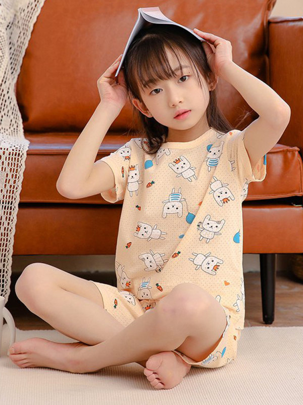 Gyerekeknek szóló 98%-os pamut rövid ujjú pizsamakészlet – uniszex, 3–8 éveseknek, nyár