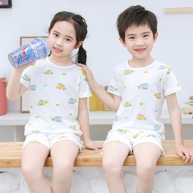 Gyerekeknek szóló 98%-os pamut rövid ujjú pizsamakészlet – uniszex, 3–8 éveseknek, nyár