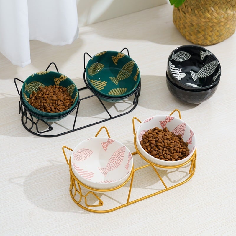 Keramiskā dubultā bļoda mājdzīvniekiem ar fiksētu slīpumu, lai novērstu apgāšanos, ēšanai un ūdenim kaķiem un suņiem