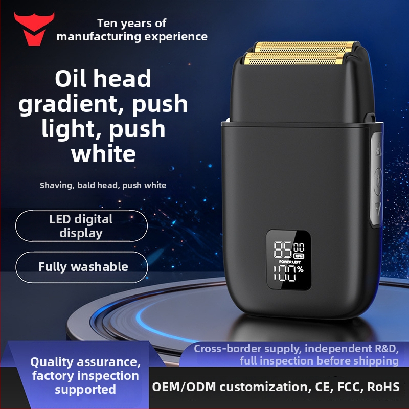 Elektrinė skustuvas mašinėlė su dviejų galvų reciprokiniu judesiu, LED ekranas, aliuminio lydinio korpusas, įmontuota 500–800 mAh baterija, pilnas kūno plovimas