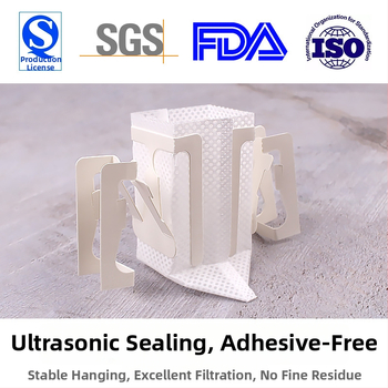 Kavos filtrų maišelis su kabinamomis ausimis, nepluošto medžiaga, 50 vnt. pakuotėje, OPP pakuotė, biurui, privatūs žymėjimai galima