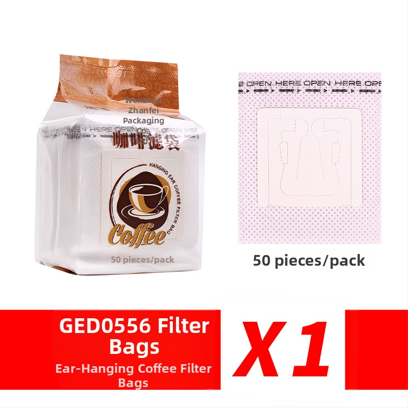 Kavos filtrų maišelis su kabinamomis ausimis, nepluošto medžiaga, 50 vnt. pakuotėje, OPP pakuotė, biurui, privatūs žymėjimai galima