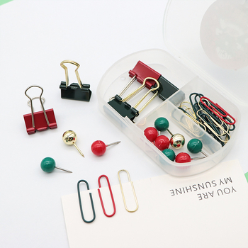 Подаръчен комплект офис консумативи: щифтове за снимки, клипчета за билети, кламери и държачи за документи в кутия с четири отделения (Материал: пластмаса + метал; Марка: Nothing; Производител: Star heart; Персонализация: възможна)