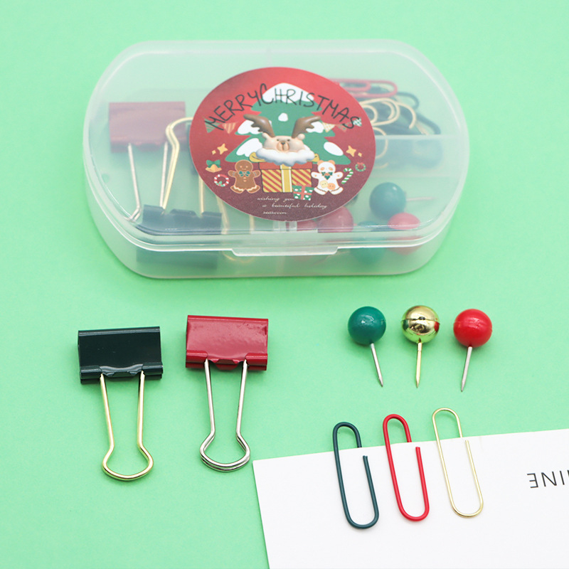 Подаръчен комплект офис консумативи: щифтове за снимки, клипчета за билети, кламери и държачи за документи в кутия с четири отделения (Материал: пластмаса + метал; Марка: Nothing; Производител: Star heart; Персонализация: възможна)