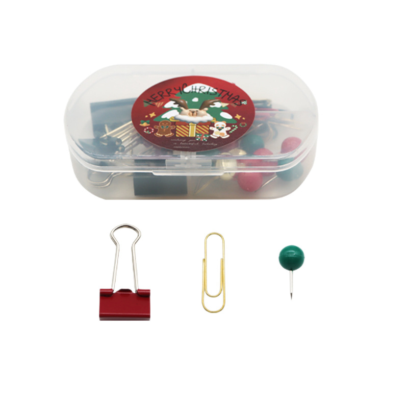 Подаръчен комплект офис консумативи: щифтове за снимки, клипчета за билети, кламери и държачи за документи в кутия с четири отделения (Материал: пластмаса + метал; Марка: Nothing; Производител: Star heart; Персонализация: възможна)