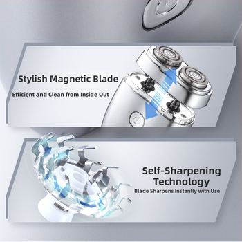 Elektrinis skustuvas su pasukama galvute, dvi peilių galvutės, plūduriuojanti galvutė, viso kūno plovimui, įmontuota 500–800 mAh baterija, 80 min veikimo