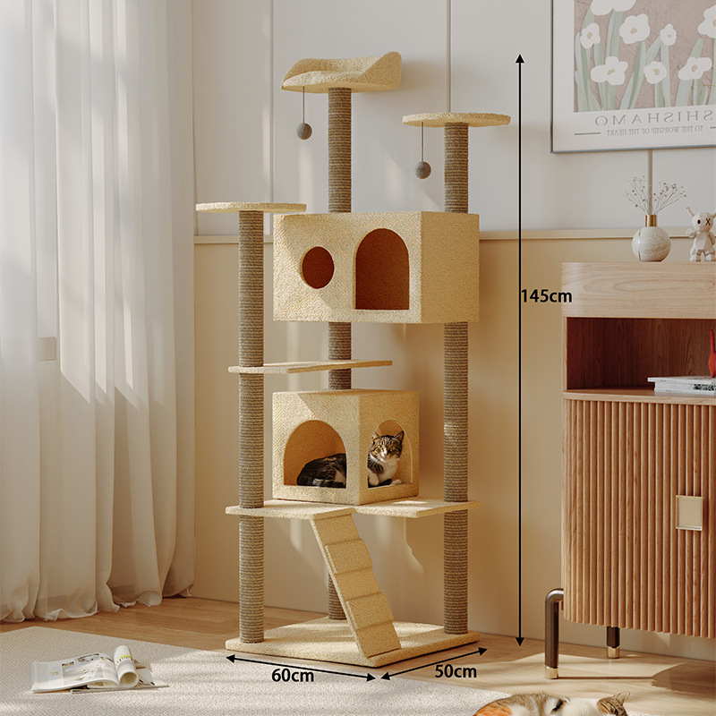Ryuzaki koka kaķu koks ar integrētu viskas vienā dizainu, kāpšanas tornis un kaķu ligzdiņa, jauks stils