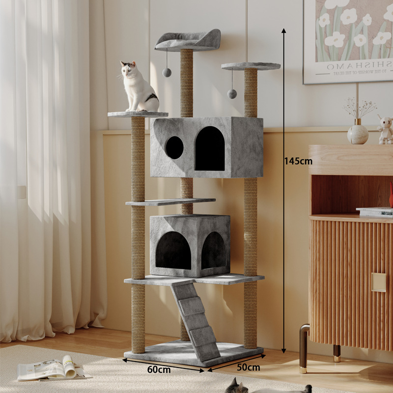Ryuzaki koka kaķu koks ar integrētu viskas vienā dizainu, kāpšanas tornis un kaķu ligzdiņa, jauks stils