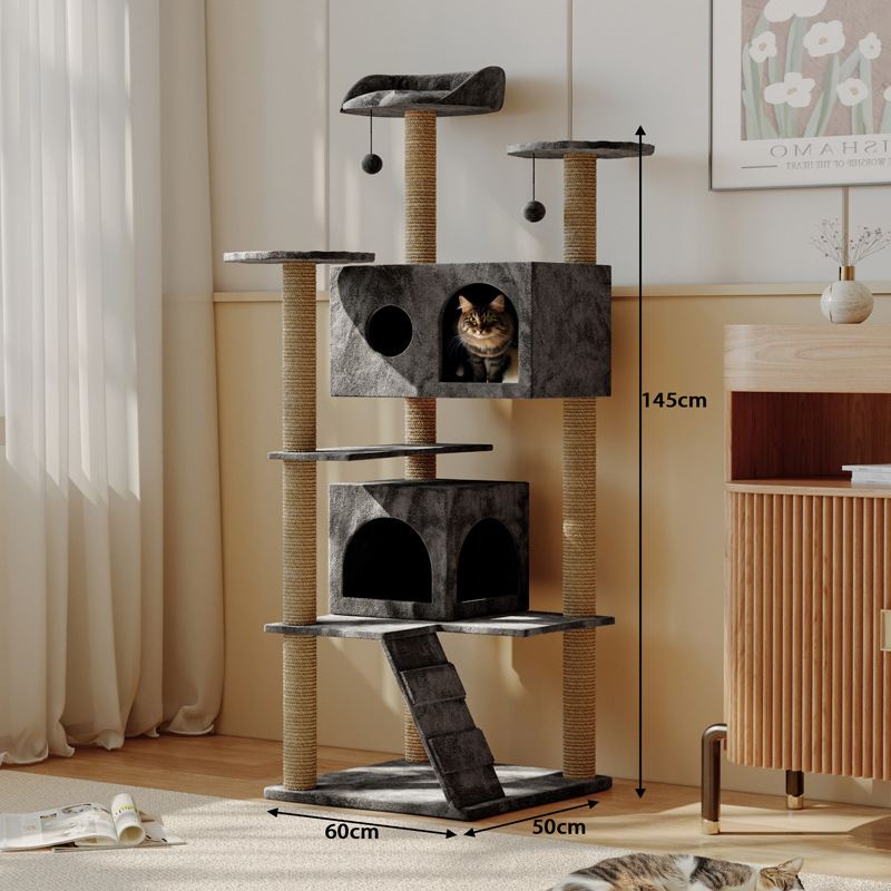 Ryuzaki koka kaķu koks ar integrētu viskas vienā dizainu, kāpšanas tornis un kaķu ligzdiņa, jauks stils