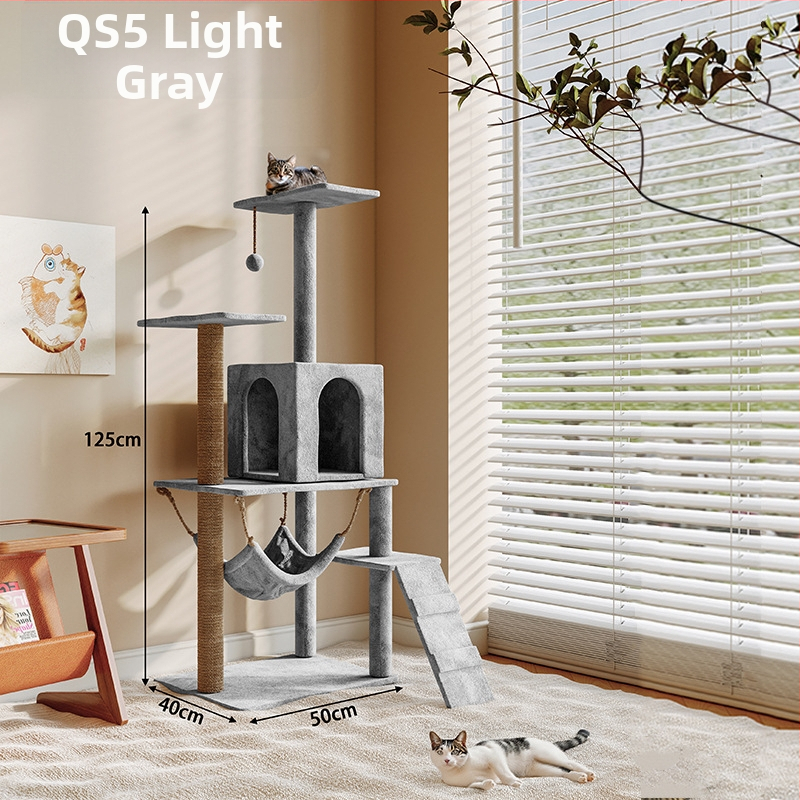 Ryuzaki koka kaķu koks ar integrētu viskas vienā dizainu, kāpšanas tornis un kaķu ligzdiņa, jauks stils