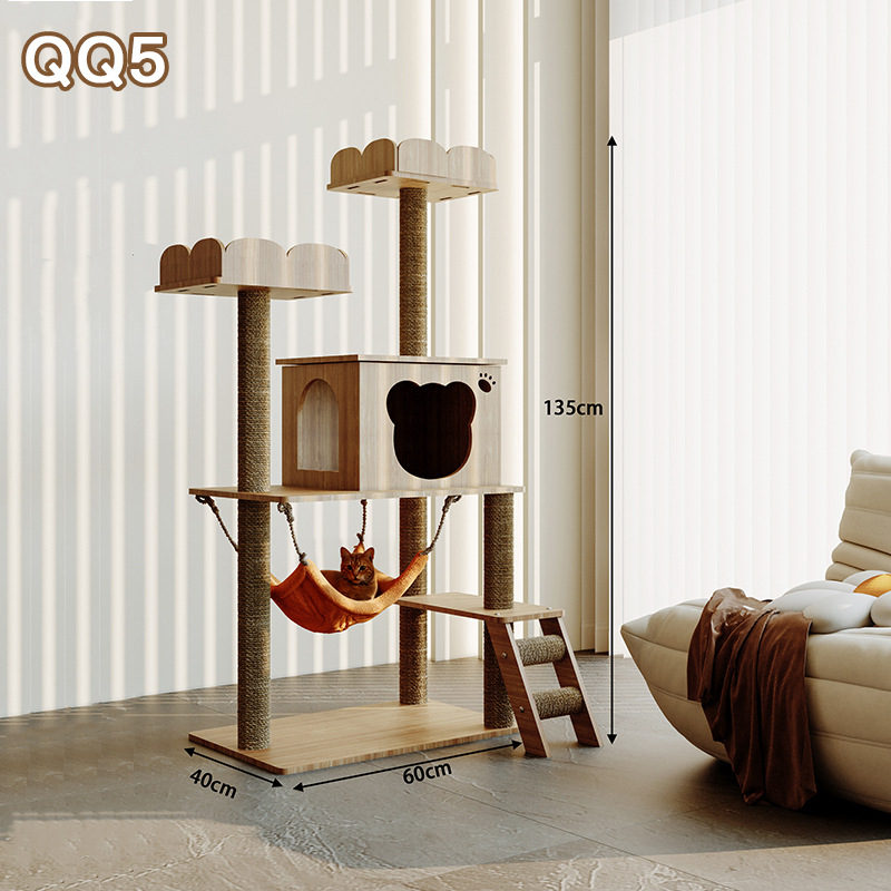 Ryuzaki koka kaķu koks ar integrētu viskas vienā dizainu, kāpšanas tornis un kaķu ligzdiņa, jauks stils