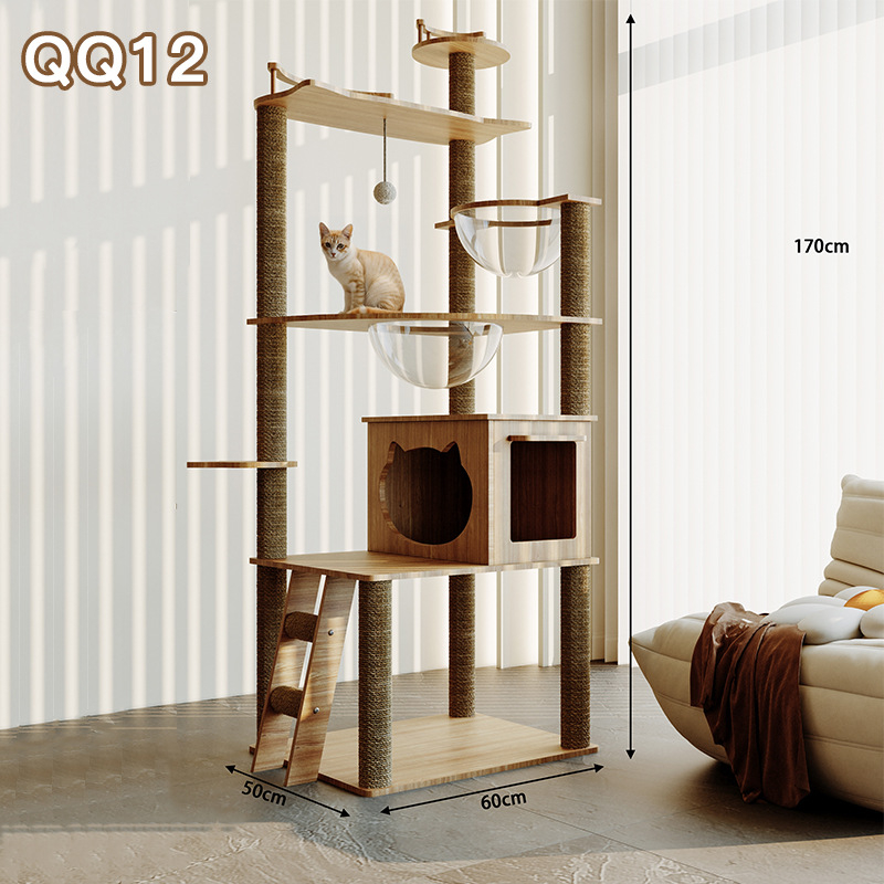 Ryuzaki koka kaķu koks ar integrētu viskas vienā dizainu, kāpšanas tornis un kaķu ligzdiņa, jauks stils
