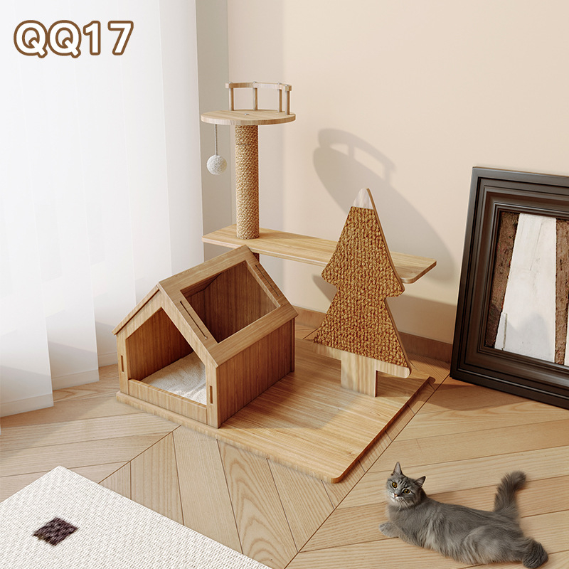 Ryuzaki koka kaķu koks ar integrētu viskas vienā dizainu, kāpšanas tornis un kaķu ligzdiņa, jauks stils