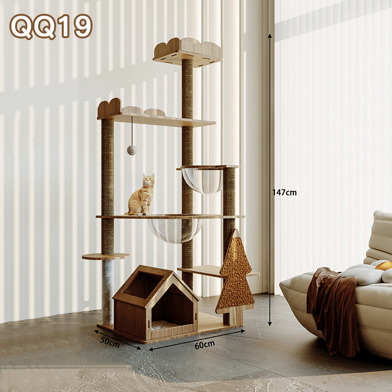 Ryuzaki koka kaķu koks ar integrētu viskas vienā dizainu, kāpšanas tornis un kaķu ligzdiņa, jauks stils