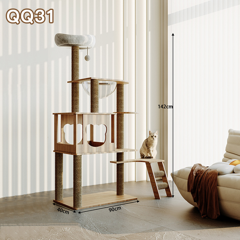 Ryuzaki koka kaķu koks ar integrētu viskas vienā dizainu, kāpšanas tornis un kaķu ligzdiņa, jauks stils