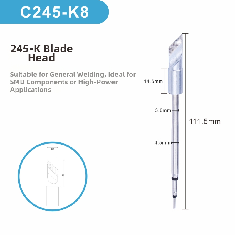 C245 litavimo galva su integruota šildymo šerdimi, gryno vario antgalis, K Blade serija - KU, KF, K8, priedas litavimo stotyje