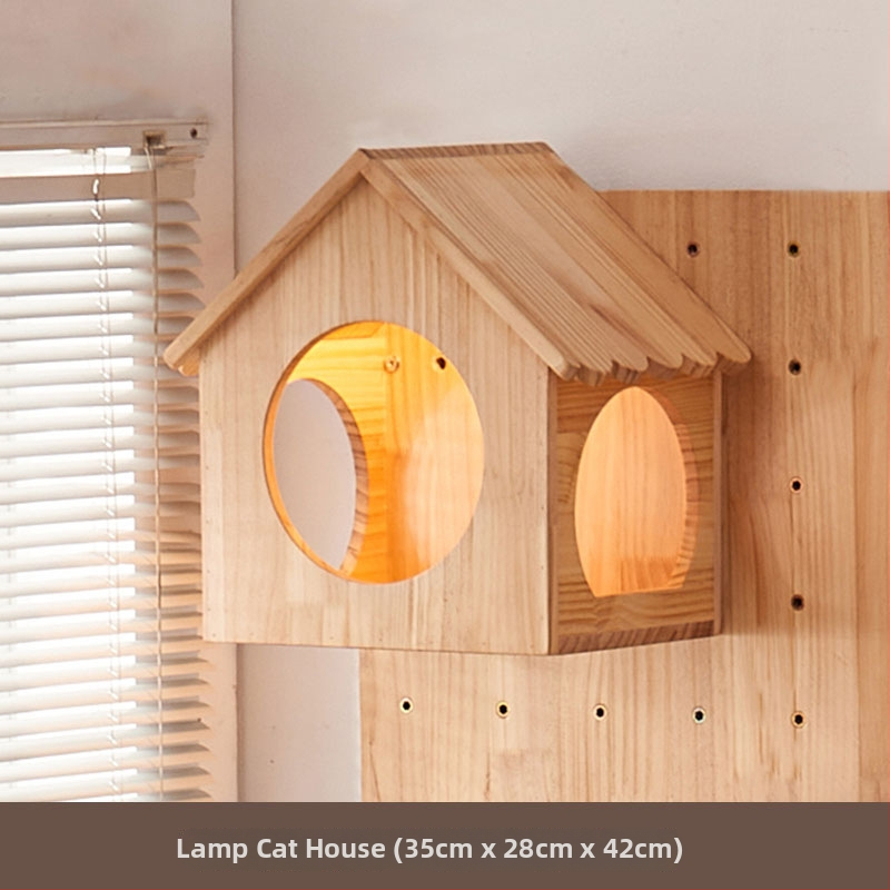 Koka sienas kaķu kāpņu rāmis ar integrētu guļvietu un plauktu, vienkāršs stils, bez urbuma