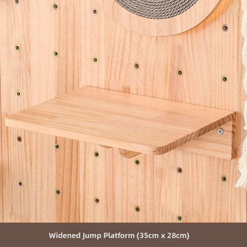 Koka sienas kaķu kāpņu rāmis ar integrētu guļvietu un plauktu, vienkāršs stils, bez urbuma