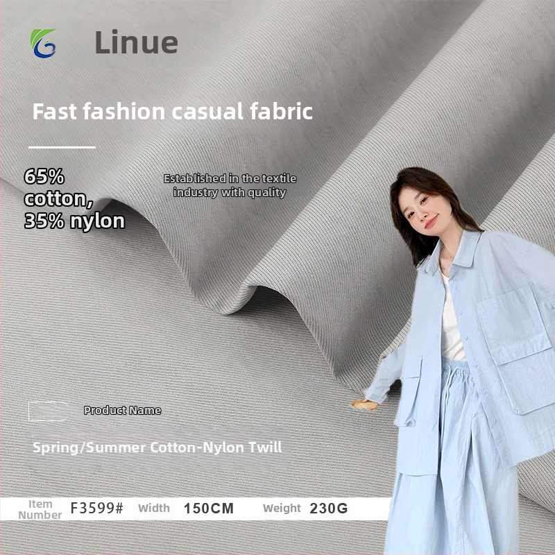 65% medvilnė, 35% nailonas — austas audinys su gėlių raštu pavasario-vasaros sezonai; tinka sijoms, kelnioms, švarkams, paltams, vaikų drabužiams ir kasdieniam garderobui