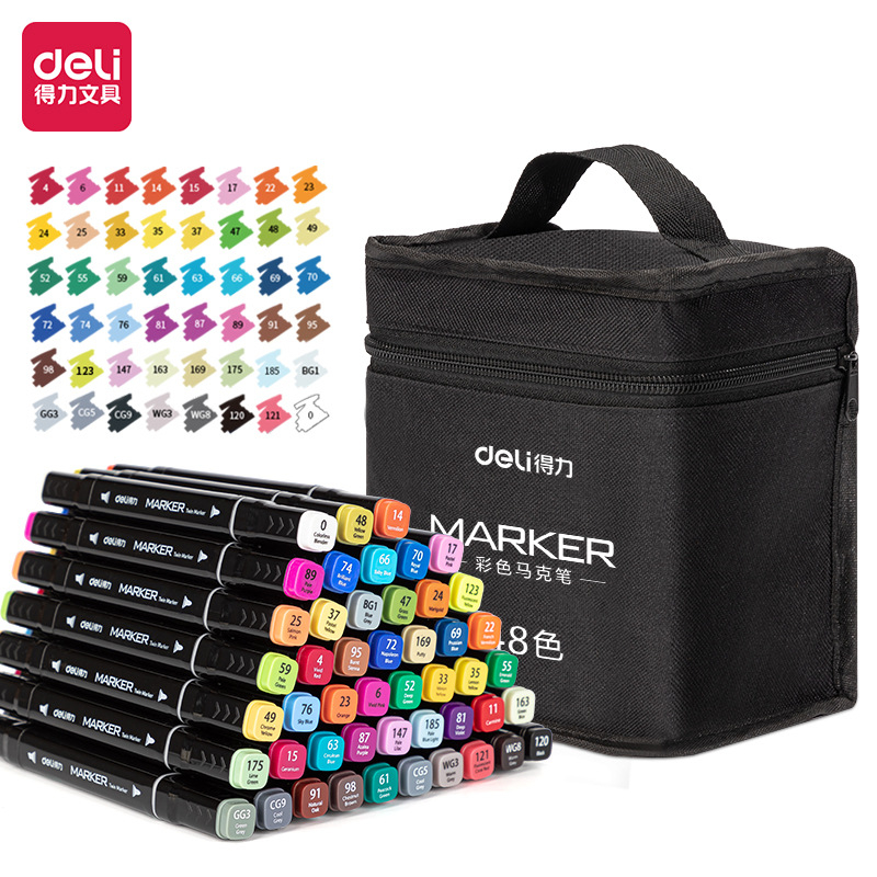 Deli 70806-48 Alkoholne markere s dvostrukim vrhom u platnenoj torbi, kvadratni dizajn tijela, pogodne za akvarel