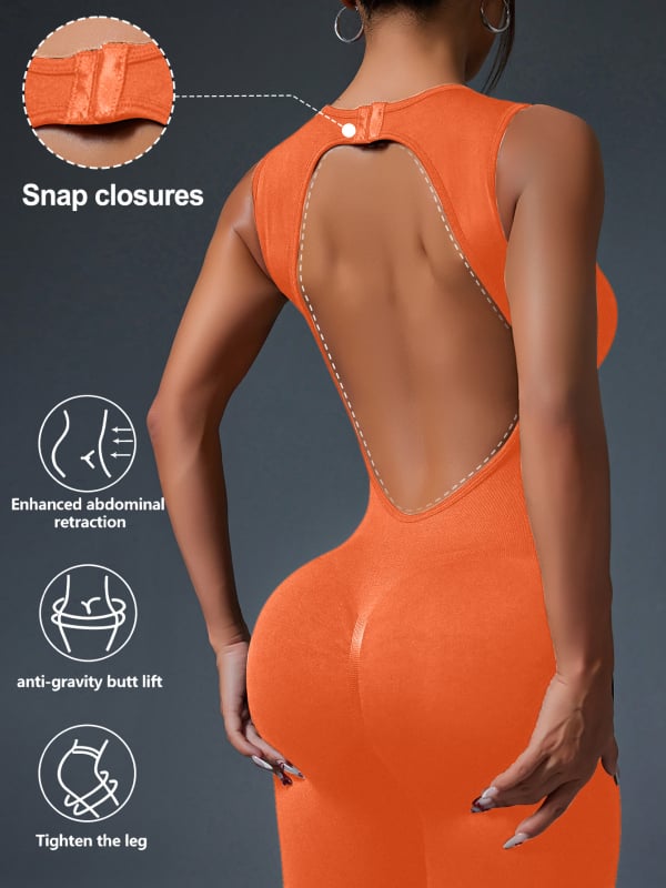 Женски еднопосочен йога гащеризон с открит гръб, високоеластичен найлон-спандекс материал, без ръкави, еластична талия, къси крачоли, тясна кройка.