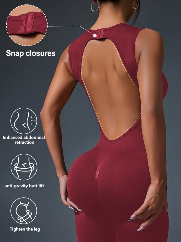 Женски еднопосочен йога гащеризон с открит гръб, високоеластичен найлон-спандекс материал, без ръкави, еластична талия, къси крачоли, тясна кройка.