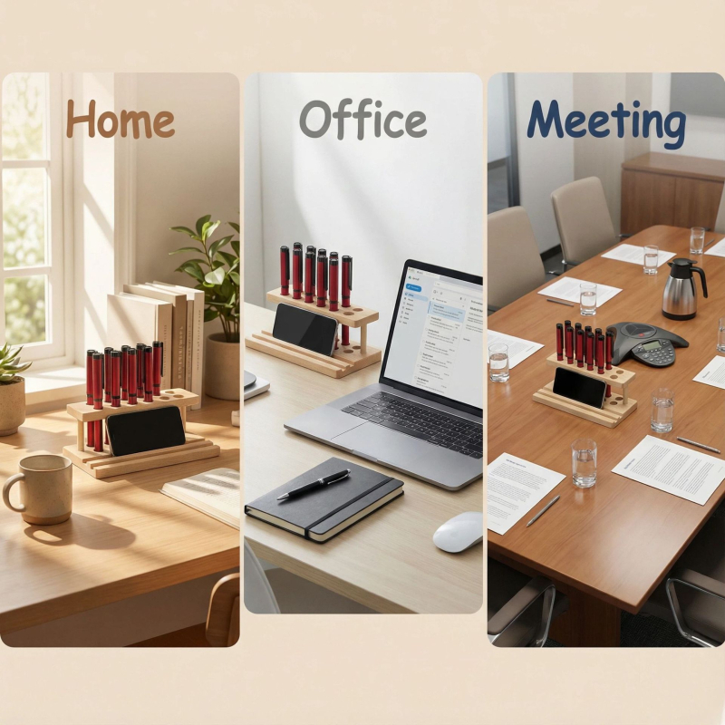 Koka pildspalvu turētājs uz galda ar vairākām caurumiem, taisnstūra forma, modelis 12-565, logotipa personalizācija