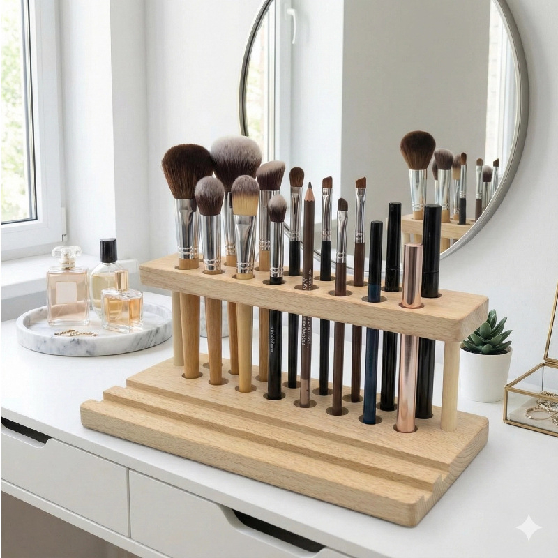 Koka pildspalvu turētājs uz galda ar vairākām caurumiem, taisnstūra forma, modelis 12-565, logotipa personalizācija