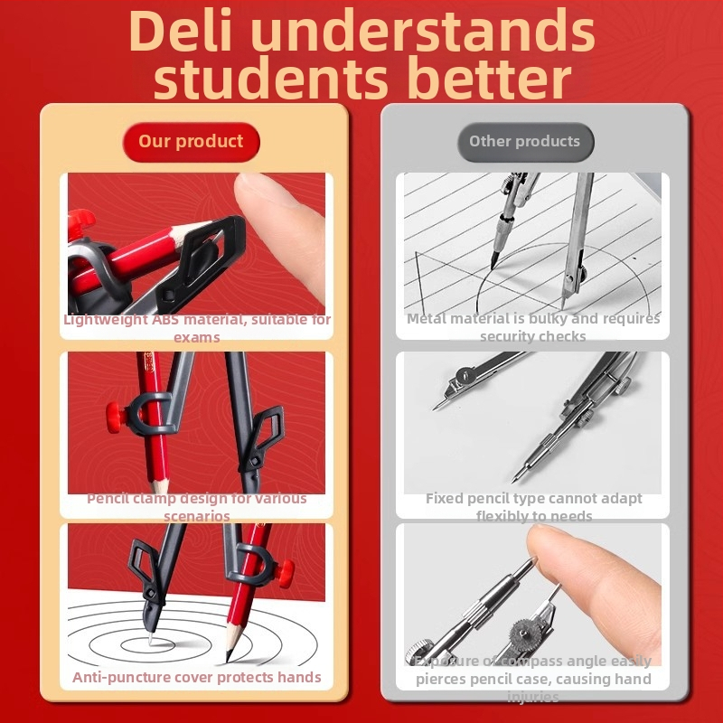 Deli vc666 nemetalinė kompasas ir liniuotė rinkinys apskritims braižyti su 2B pieštuku