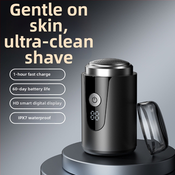 Elektrinis skustuvas su 3 peilių rotacine galvute, bešepetėlinis variklis, įmontuota įkraunama baterija, nuimama ir plaunama galvutė