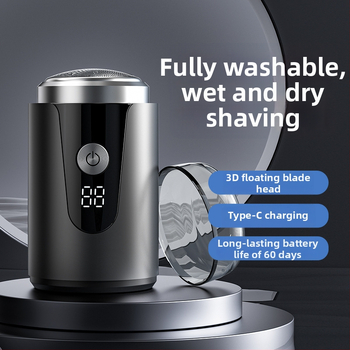 Elektrinis skustuvas su 3 peilių rotacine galvute, bešepetėlinis variklis, įmontuota įkraunama baterija, nuimama ir plaunama galvutė