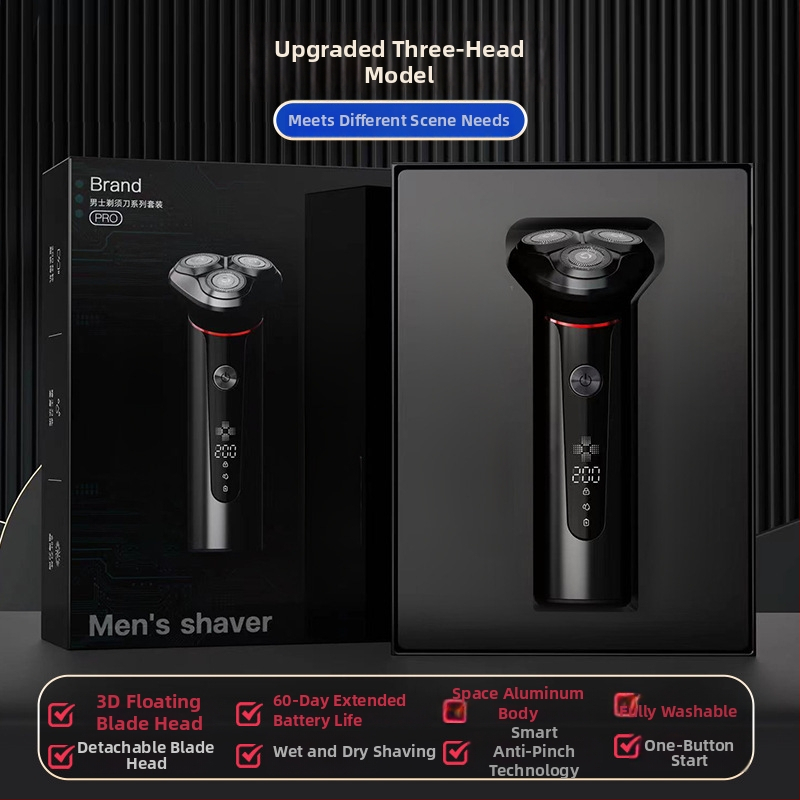 Elektrinis skustuvas su 3 peilių rotacine galvute, bešepetėlinis variklis, įmontuota įkraunama baterija, nuimama ir plaunama galvutė