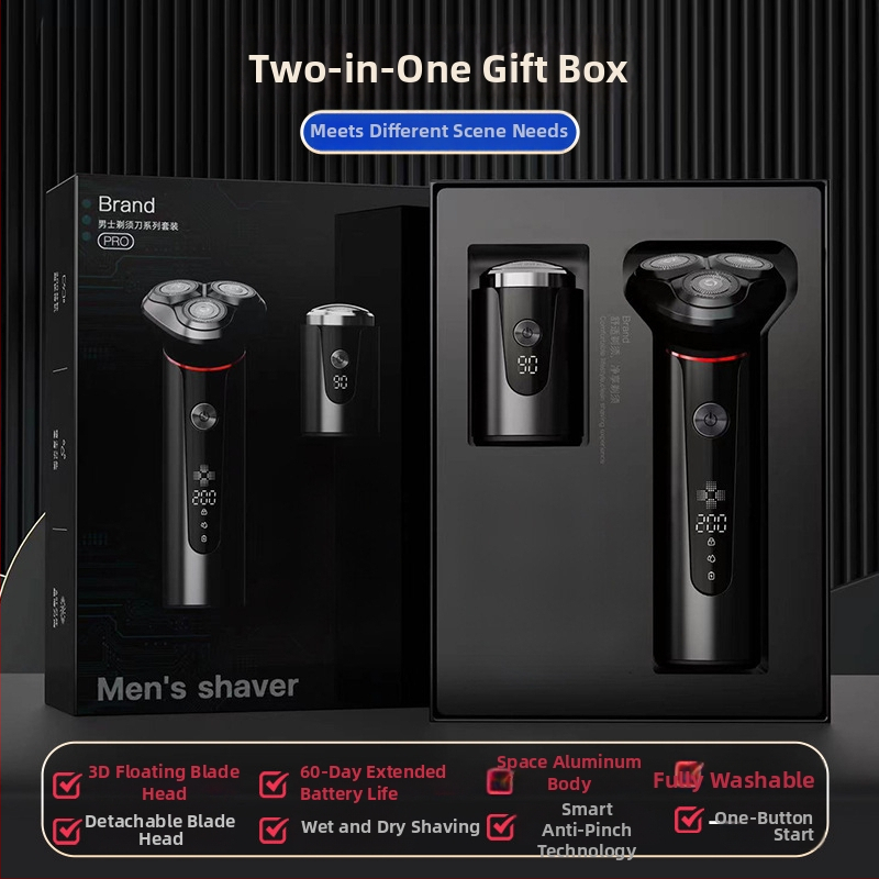 Elektrinis skustuvas su 3 peilių rotacine galvute, bešepetėlinis variklis, įmontuota įkraunama baterija, nuimama ir plaunama galvutė