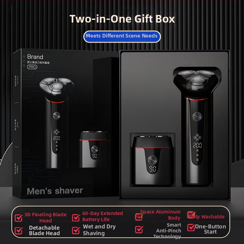 Elektrinis skustuvas su 3 peilių rotacine galvute, bešepetėlinis variklis, įmontuota įkraunama baterija, nuimama ir plaunama galvutė